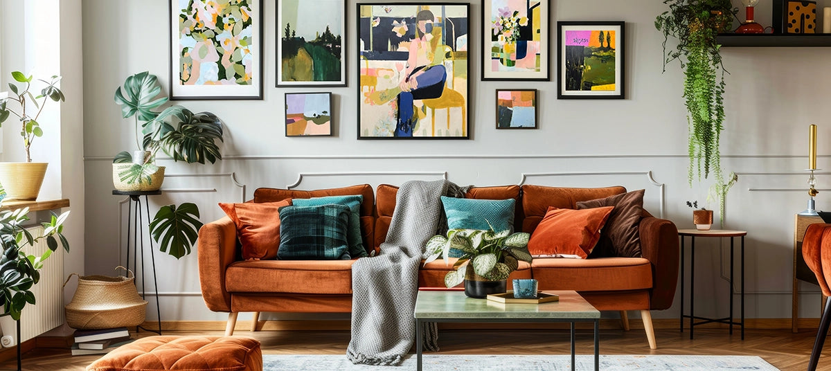 wall of modern colourful art in various sizes