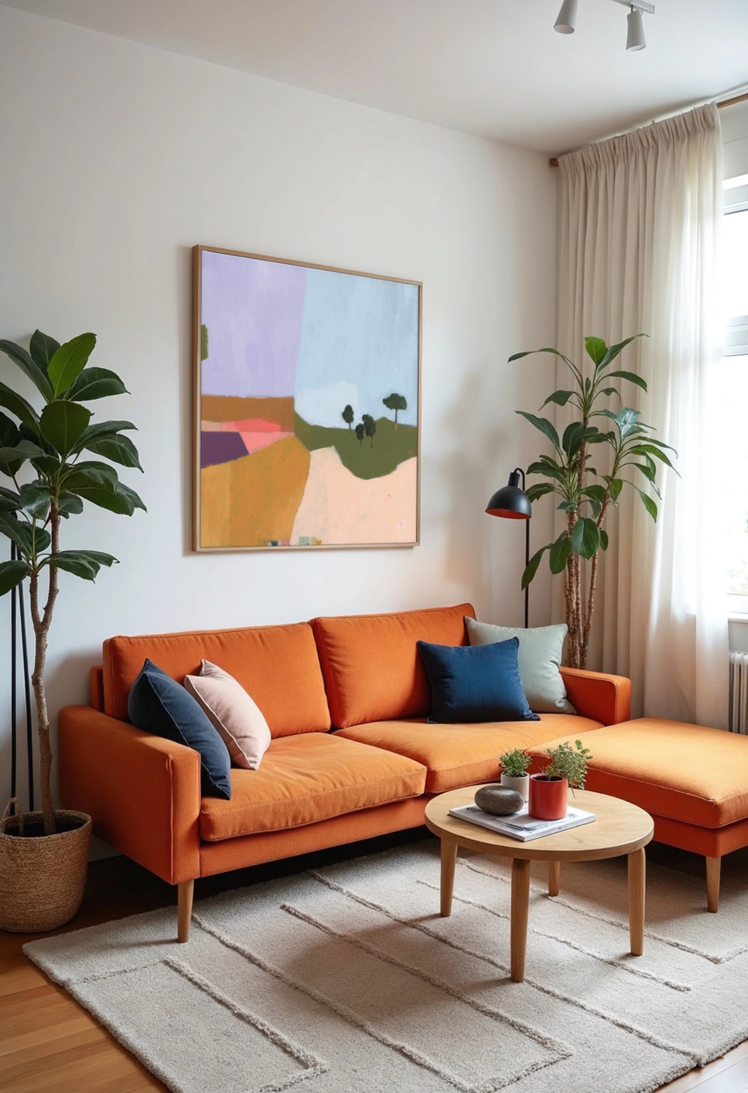 large framed abstract landscape canvas print hanging above couch