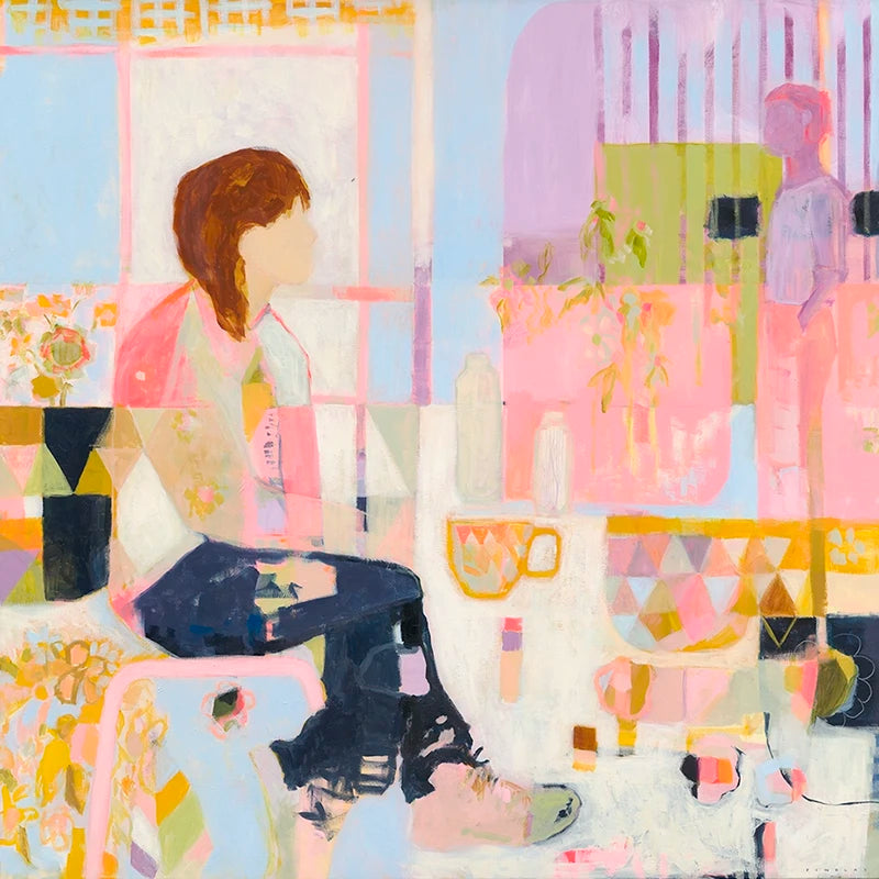 Unique abstract figure artwork in pastel colours with strong contrasts showing human figures in a cafe scene 